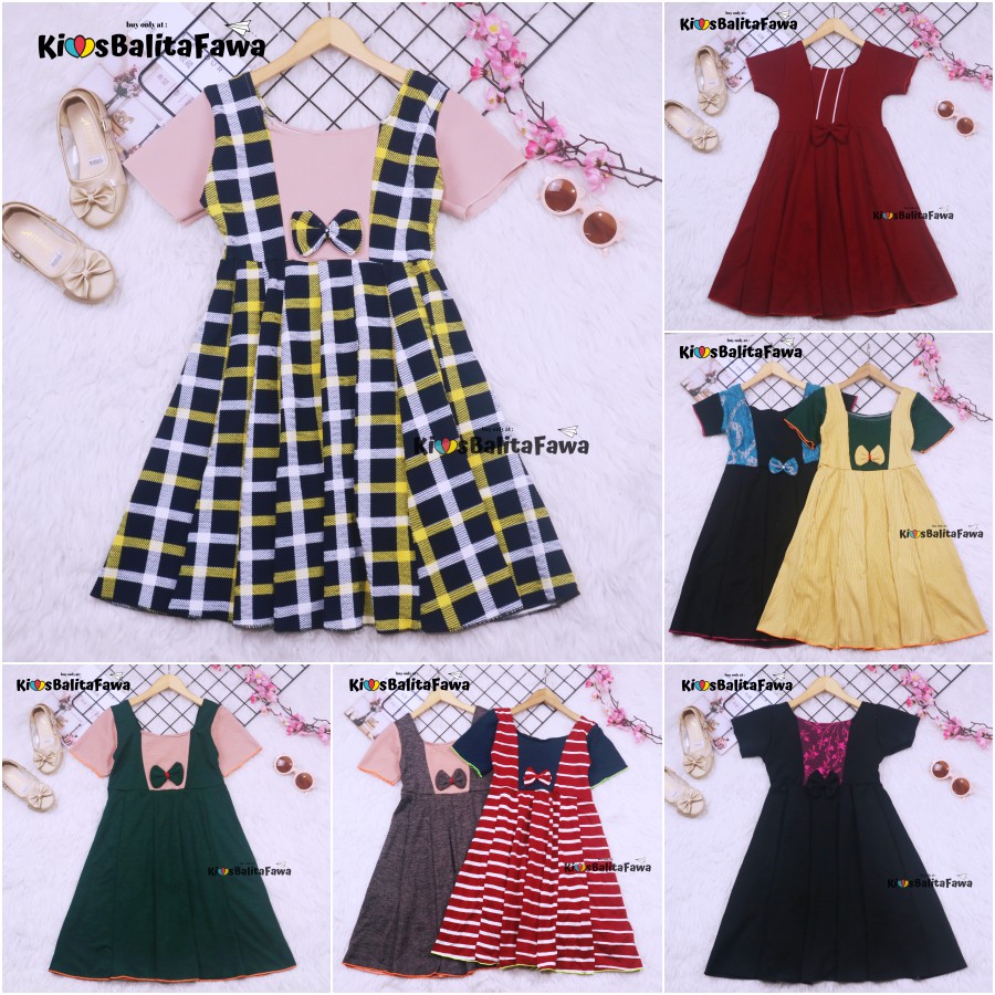 Dress Nadine uk 6-8 Tahun / Dress Anak Perempuan Gaun Polos Flower Lengan Dres Baju Import