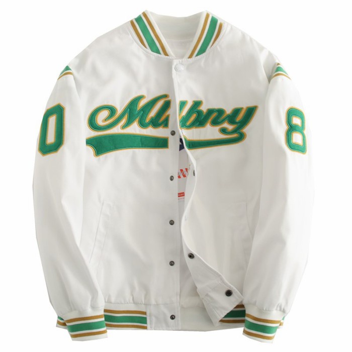 Varsity Jacket Mlbny Unisex Bomber Women Men Oversize Jaket - Putih, S Cuci Gudang