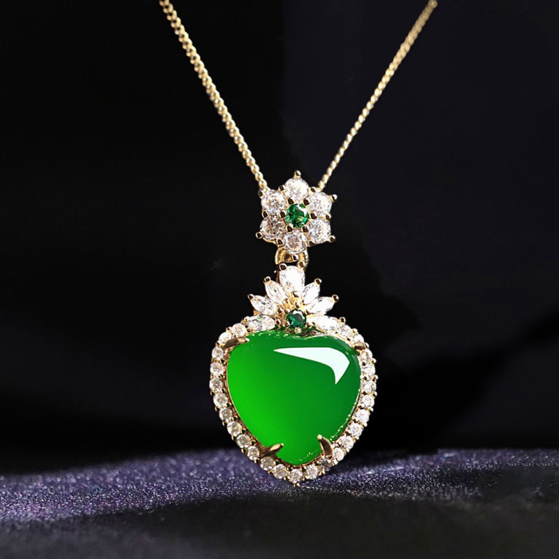 Fancyqube Kalung Choker Liontin Batu Giok Kristal Emerald Hijau Alami Bentuk Hati Untuk Wanita