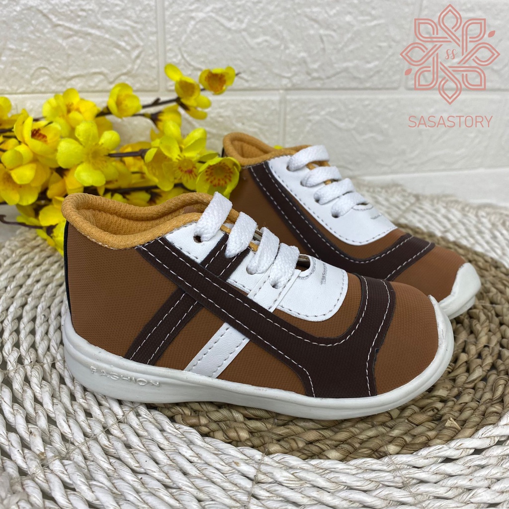 SEPATU SNEAKER COKLAT GARIS ANAK LAKI 1 2 3 TAHUN FA29