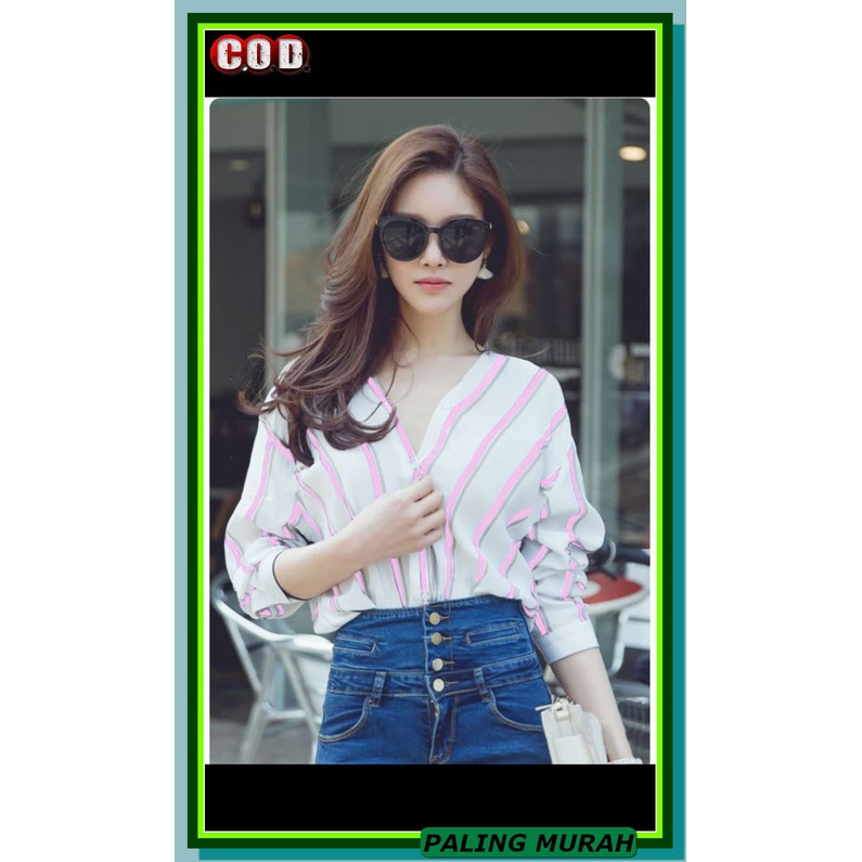 Blouse Wanita Motif Bluse Sabrina Model Korea Terbaru Blus Cewek  CD356 [Indah Stripe Pink Ro] Blo