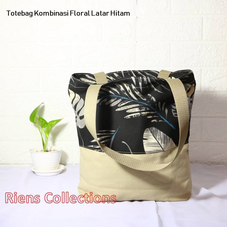 TAS KANVAS TOTEBAG KANVAS KOMBINASI MOTIF FLORAL LATAR HITAM. Riens Collections