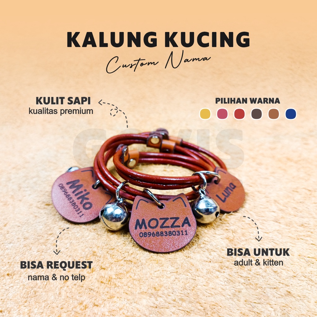 Kalung Kucing Kulit Asli Untuk Kitten Dan Dewasa - Bisa Custom Nama