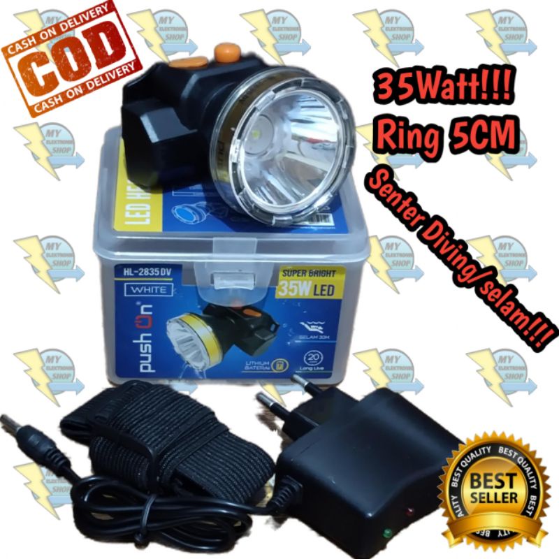 Senter Kepala Selam 35W LED Headlamp 35Watt LED Diving push on headlamp Waterproof HL-2835DV