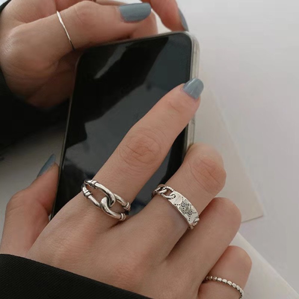 3pcsset Cincin Antik Vintage Model Terbuka Adjustable Desain Geometri Bahan Metal Warna Silver Untuk Priawanita