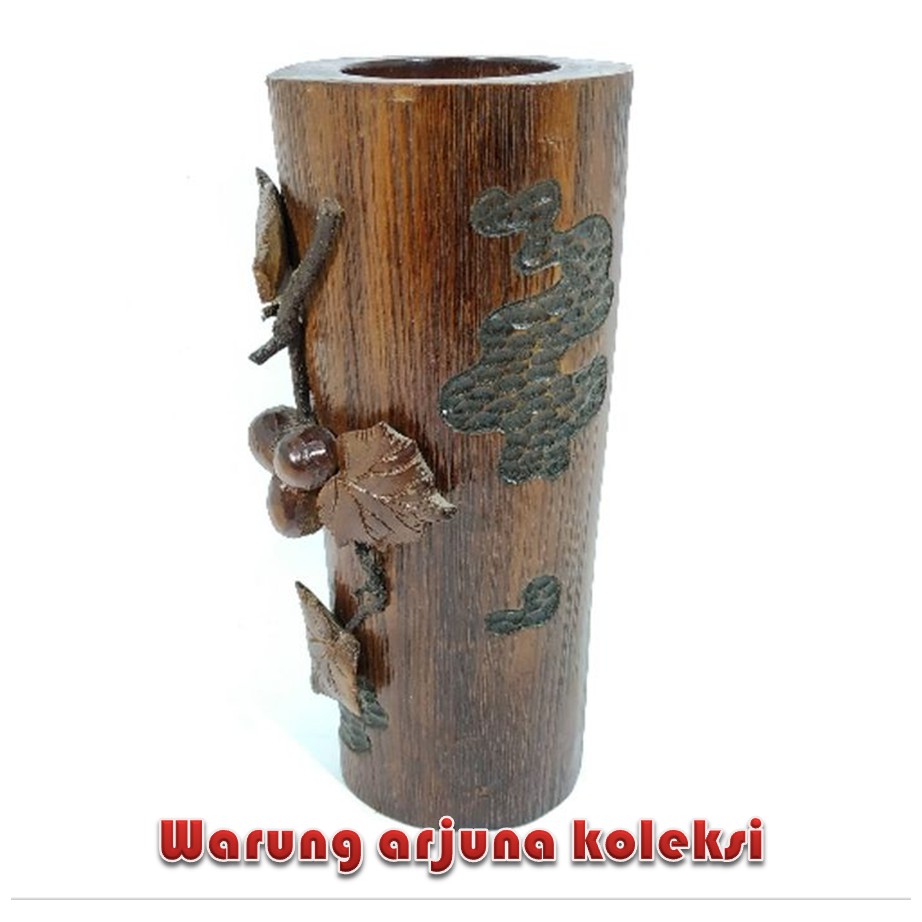 Vas Bunga Kerajinan Kayu Jati Ukir Unik Antik Motif Bunga Tempel Ukir