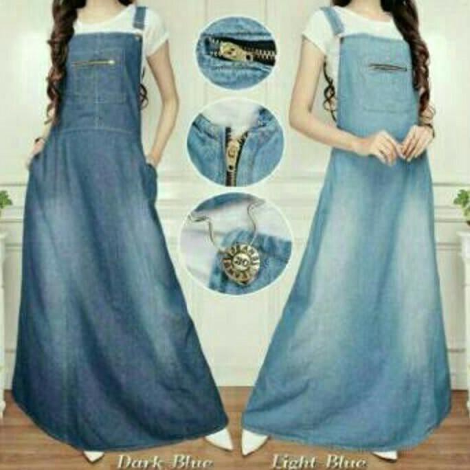 Overall Jeans Denim Rok Panjang Muslim Wearpack Dress Kodok Zipper