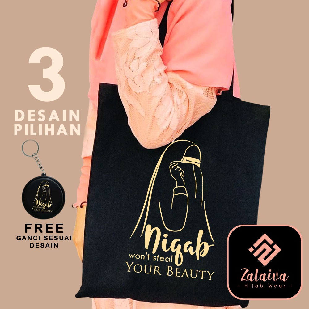 ZALAIVA Tas Totebag Muslimah Semi Canvas Motif Niqab Cadar / Perekat dan Resleting
