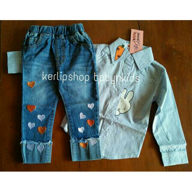 Stelan baju kemeja set celana  jeans  anak  perempuan  import 