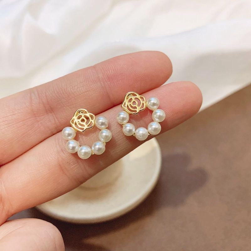 Anting Tusuk Desain Bunga Mawar / Snowflake Hias Kristal / Zircon / Mutiara Untuk Wanita