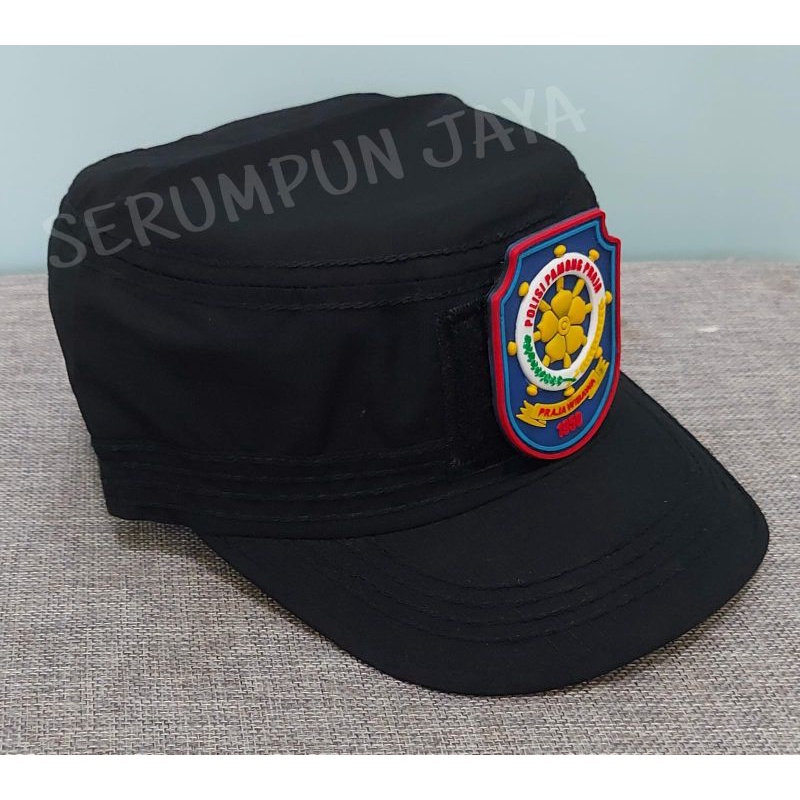 TOPI KOMANDO SATPOL PP LOGO BIRU - TOPI SATPOL PP KOMANDO VELCRO HITAM 2 PATCH