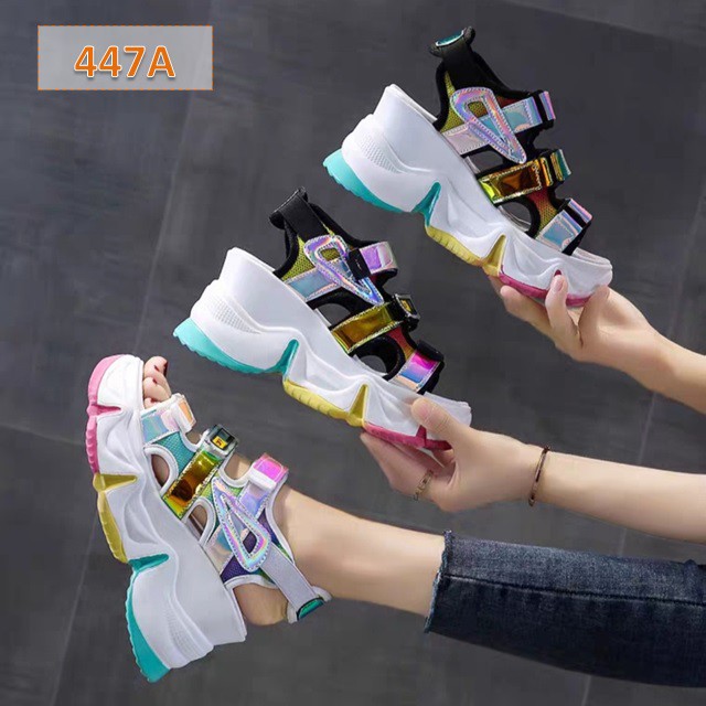 Sandal Wanita Wedges Tali Rainbow Fula Milenial Fahion Kasual Korea (447)