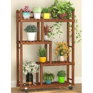 Rak bunga kayu minimalis bahan kayu jati plus roda