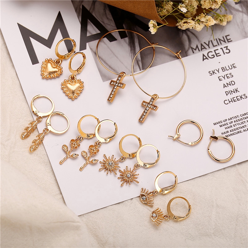 7pair/set Bohemian Drop Earrings Set Vintage Gold Eyes Star Flower Circle Earring Female jewelry