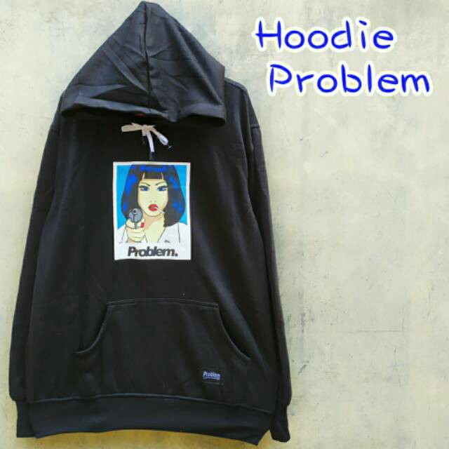 Hoodie problem hitam sablon plastisol biru