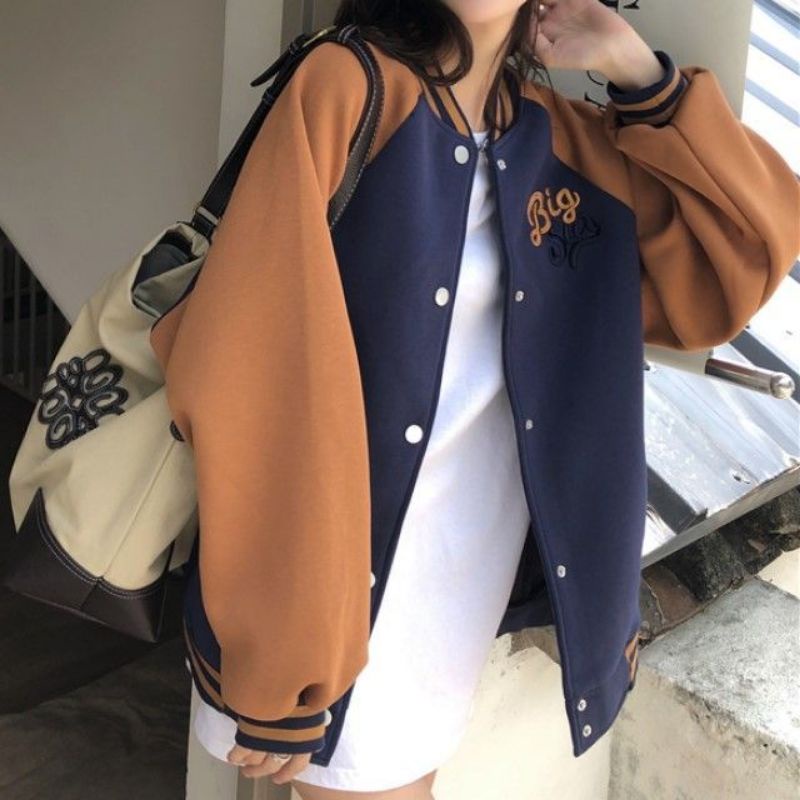 BIG SAY Jaket Baseball Varsity Wanita Oversize- Jaket Bomber Wanita Jumbo bahan Fleece Korean style terbaru