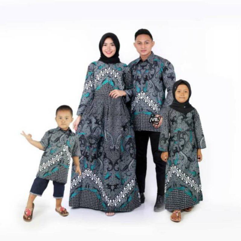 couple batik Gamis keluarga kerah sanghai motif parang abu