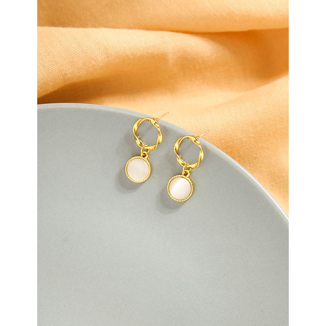 LRC Anting Tusuk Fashion Cats Eye Opal Geometric Round Hollow Alloy Earrings K42845