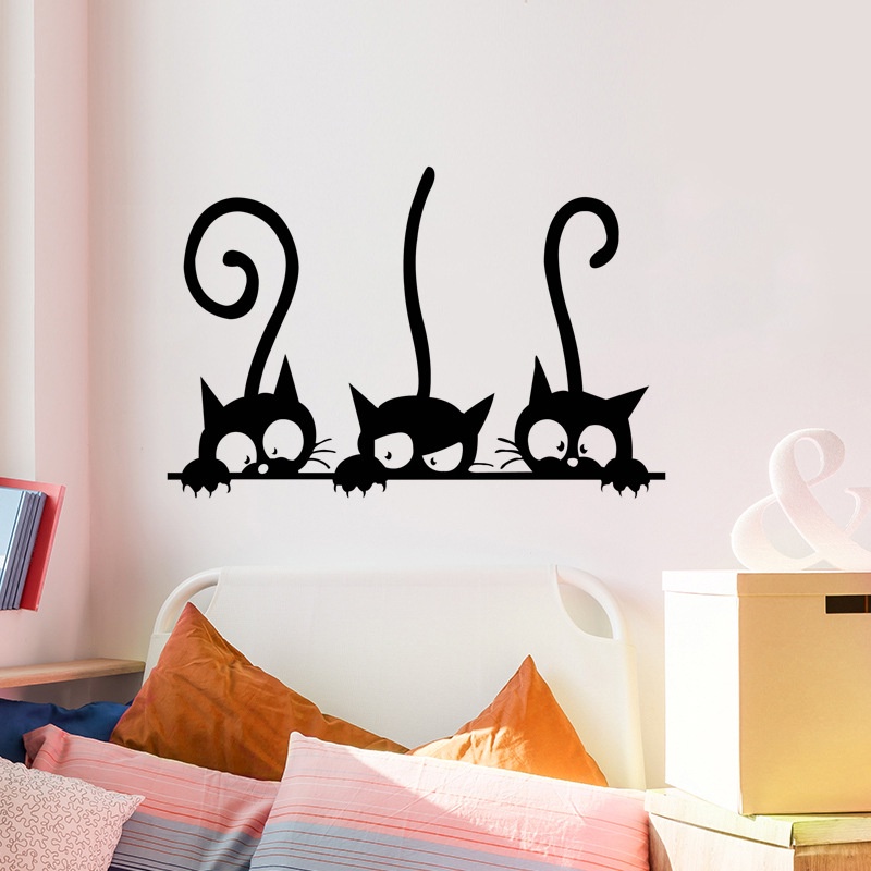 Stiker Dinding Desain Tiga Kucing Hitam Dapat Dilepas Untuk Dekorasi Kamar Tidur