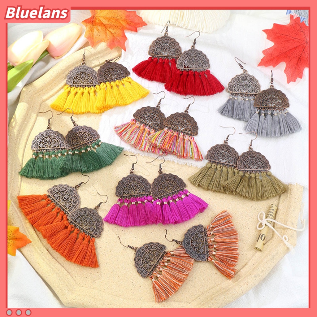 1 Pasang Anting Rumbai Panjang Bentuk Kipas Bahan Alloy Gaya Bohemia Untuk Pesta