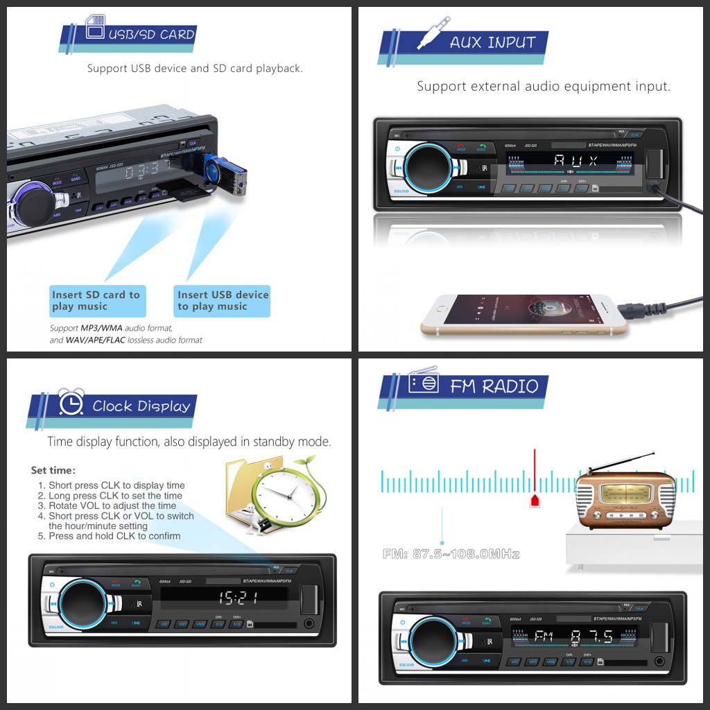 Tape Audio Radio Mobil Stereo Multifungsi Bluetooth  In-dash Radio USB MP3 FM Radio JSD-520