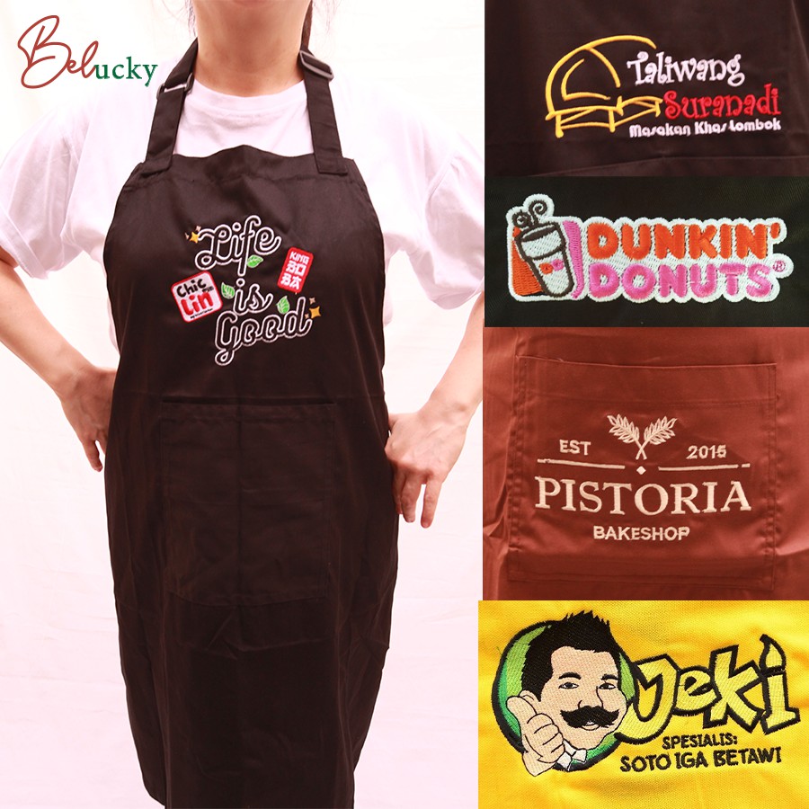 Celemek Apron Custom Bordir Logo dan Nama , Apron Masak, Apron Koki,  Apron Barista , Apron Florist