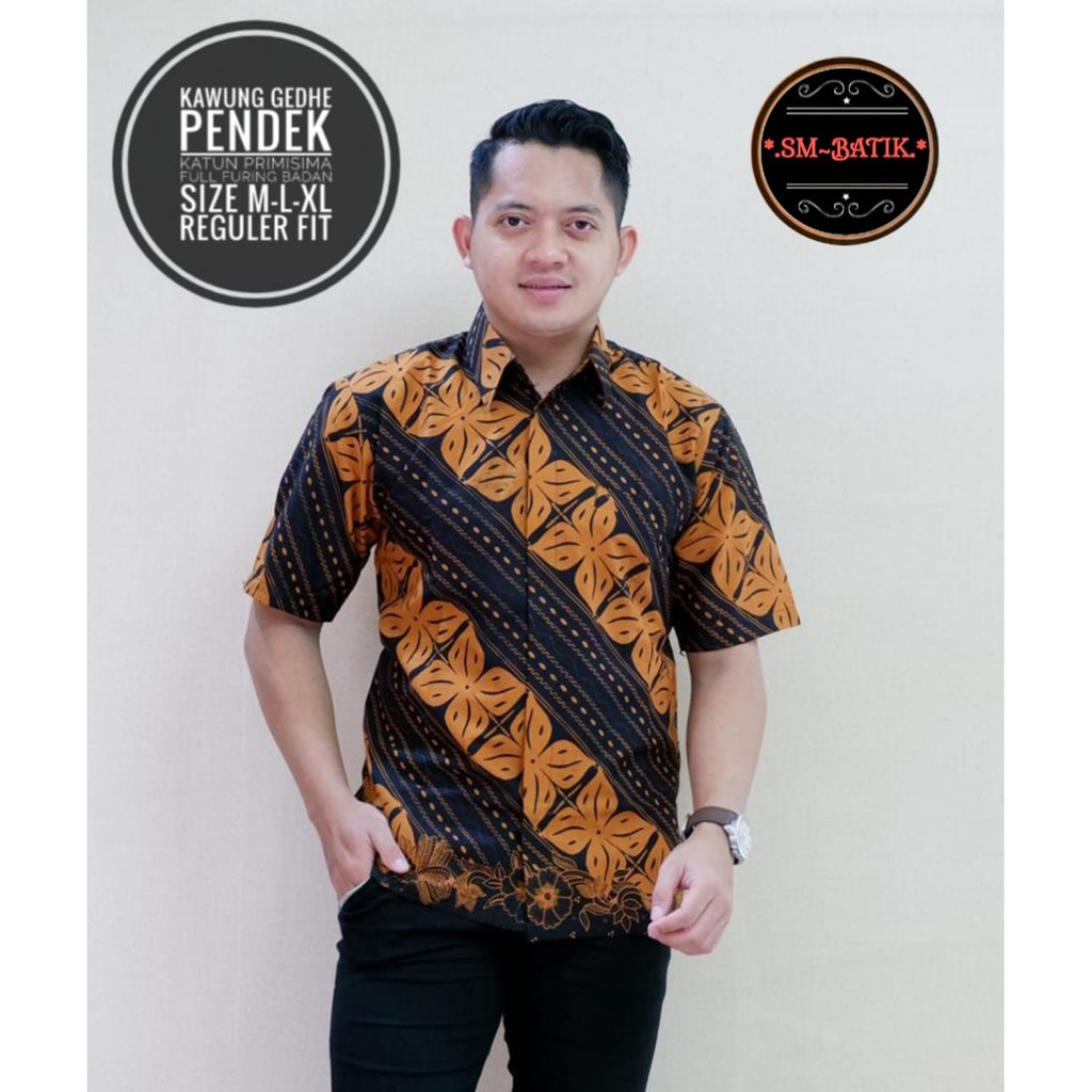 Atasan Kemeja Batik Pria Lengan Pendek PREMIUM Seragam MODERN LAPIS FURING KAWUNG GEDHE SM BATIK