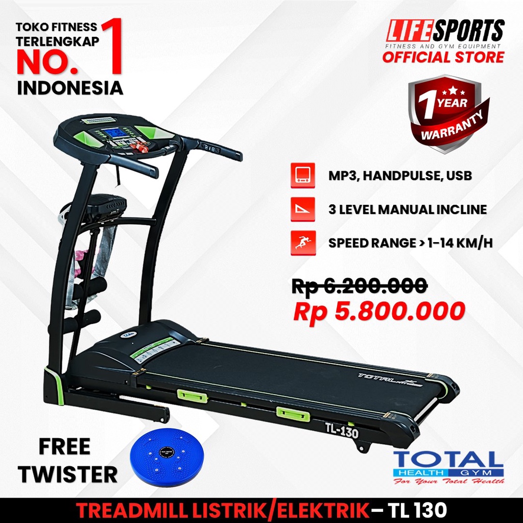 TOTAL HEALTH GYM - New Alat Olahraga Fitness Sport Gym Walking Pad Treadmill Listrik Elektrik 5 Fungsi Total TL 130 + Massager Motor 2 HP DC