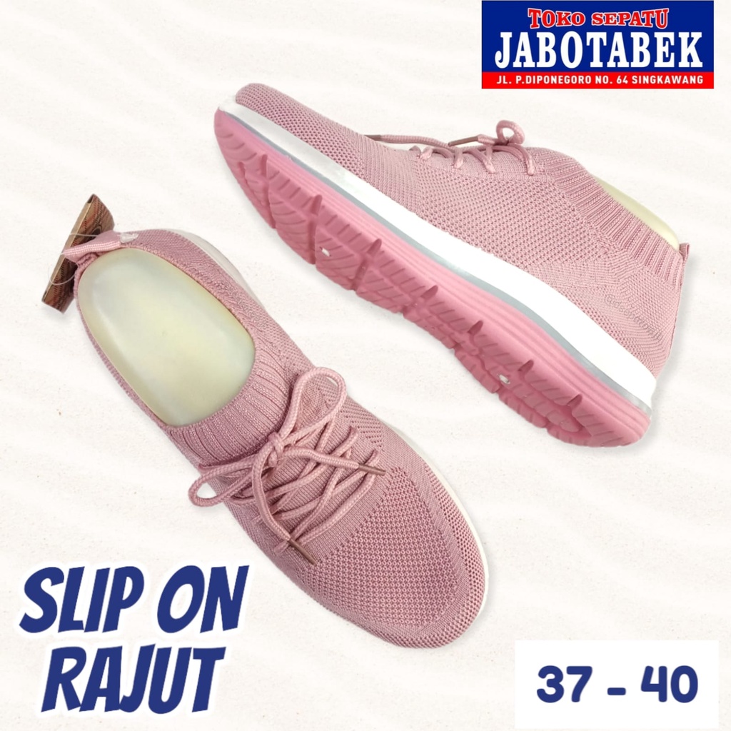 [COD] Sepatu slip on rajut cewek soft light pink merah muda polos simple list putih SPIKE size 37-40