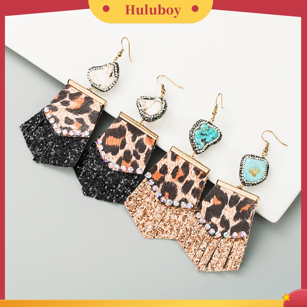 Hu Hu Hu Hu Hu Alat Bantu Pasang Kacamata♡ 1 Pasang Anting Kait Rumbai Motif Print Leopard Bahan Kulit Tiruan Aksen Berlian Imitasi Untuk Wanita