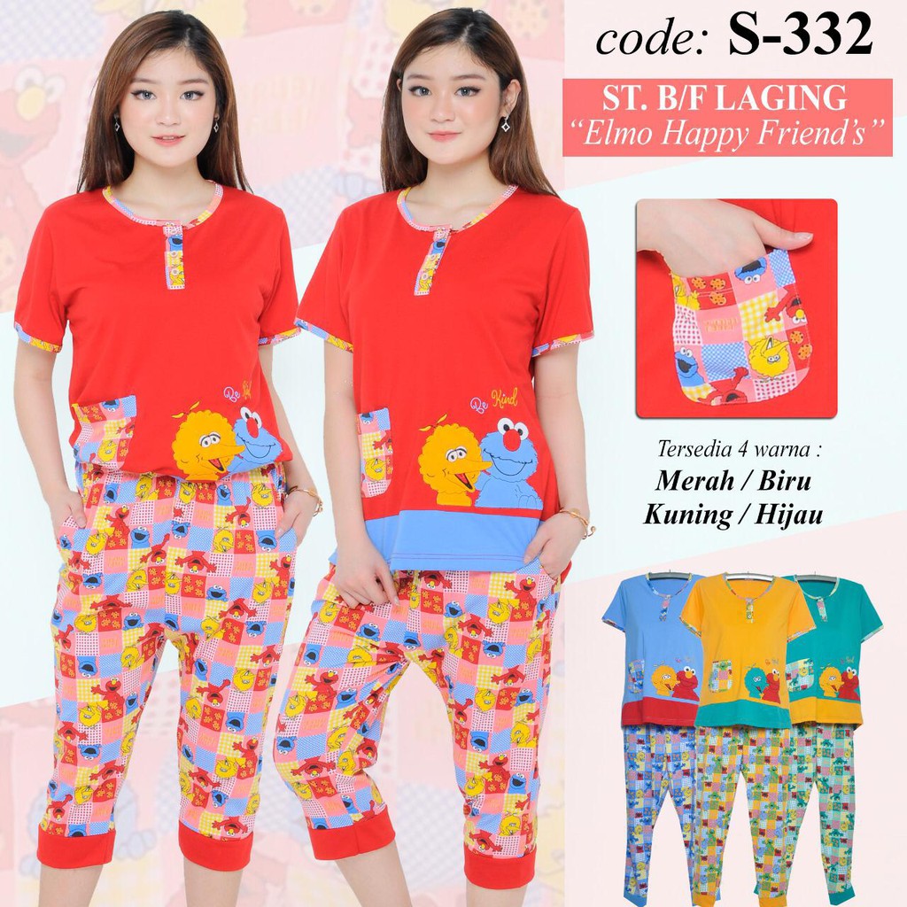 S 332 BAJU  TIDUR SETELAN  PIYAMA WANITA  BODY FIT MOTIF ELMO 