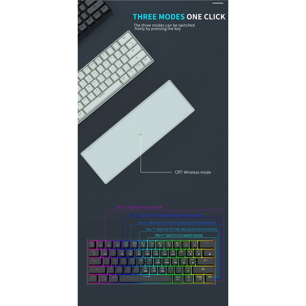 【Beli dua diskon 20%】 Goojodoq Mechanical Keyboard with RGB light 61 Key USB Bluetooth and Wired LED Backlit Axis PBT Mechanical Keyboard Optical Switches