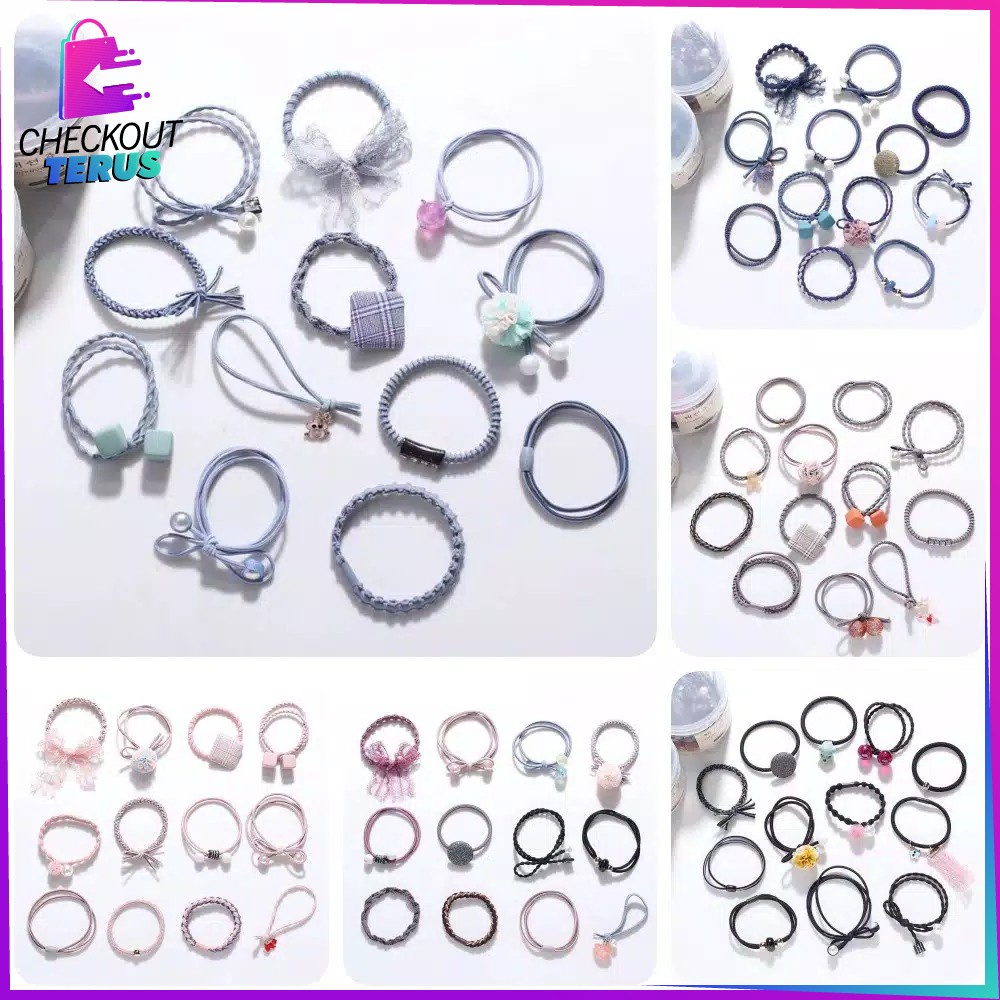 CT C13 Ikat Rambut Korea Pearl Mutiara Pita 12 PCS Karet Rambut Wanita Lucu Aksesoris Rambut Wanita Korean Style