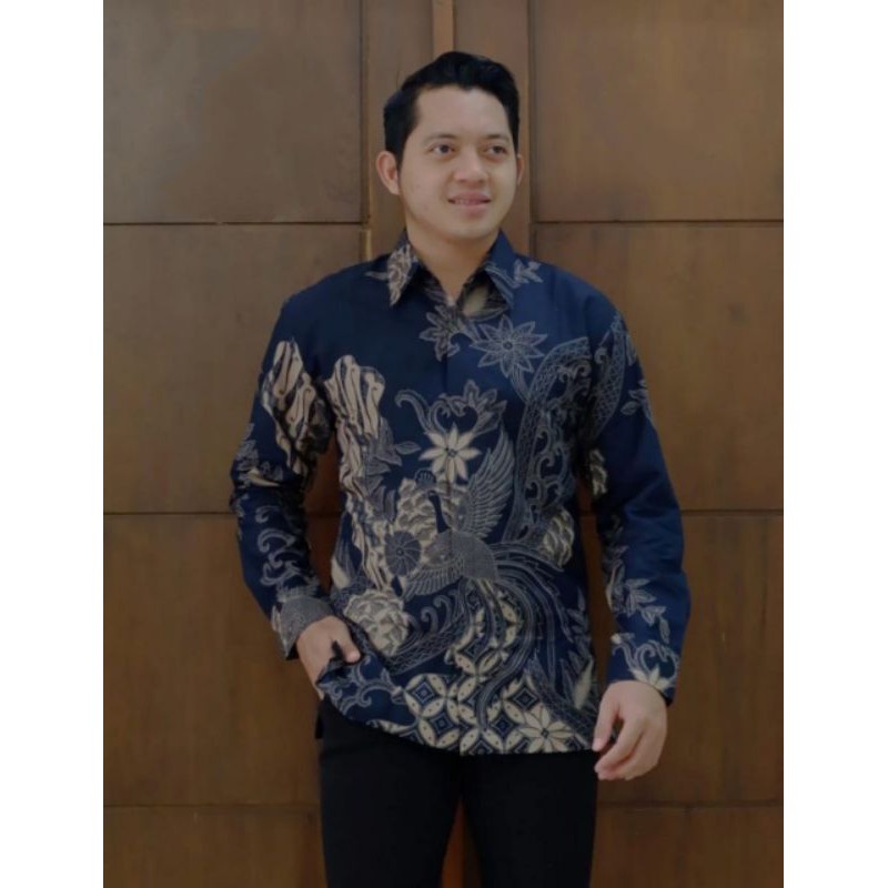 batik terbaru 2023 pleci sawah biru navy dongker kemeja batik pria lengan panjang full furing asli s