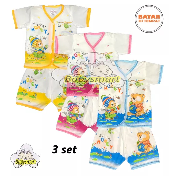 BAYIe - MELODY PUTIH ... 3 SET Setelan Baju Lengan Pendek Bayi+Celana Pendek umur 0-3 bulan