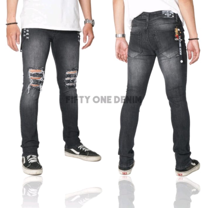 Celana Panjang Ripped Denim - S, M, L, XL - Celana Distro Ripped Hitam Panjang Jeans Robek Pensil Slimfit Sobek/Celana jeans pria sobek lutut-HITAM