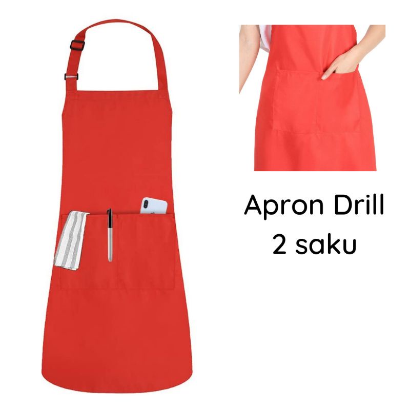 Jual Apron Celemek Masak Drill Premium 2 Saku Merah Shopee Indonesia