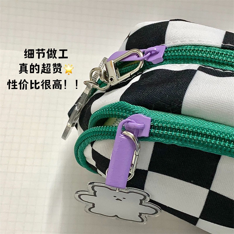 Sera Kotak-kotak hitam dan putih tas pensil berkapasitas besar siswa tas penyimpanan alat tulis multi-fungsi berlapis ganda bernilai tinggi tas pensil warna kontras