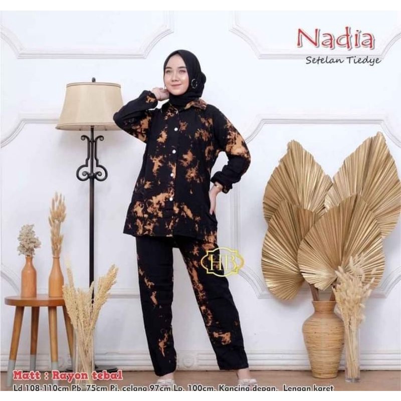 One Set Daily Pajamas Rayon Celup Tie die Stelan Wanita-Hitam dark