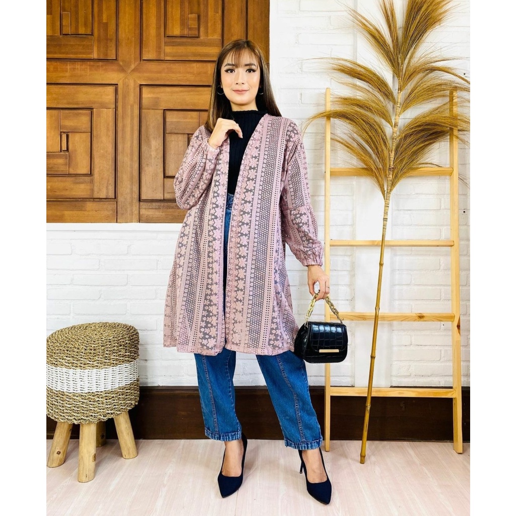 Pakaian Wanita Muslimah Long Outer Brokat Lace Cardigan Putih lengan panjang Bahan Lembut Nyaman Saat Di Pakai