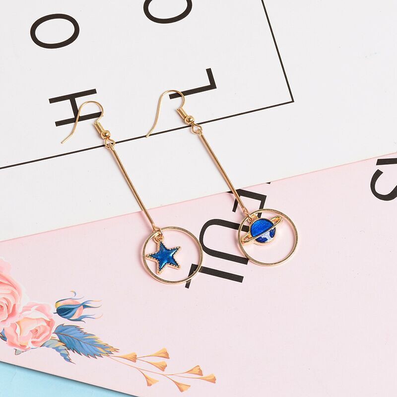 Anting Gadis Jepang dan Korea berbintang biru planet anting-anting panjang kecil segar