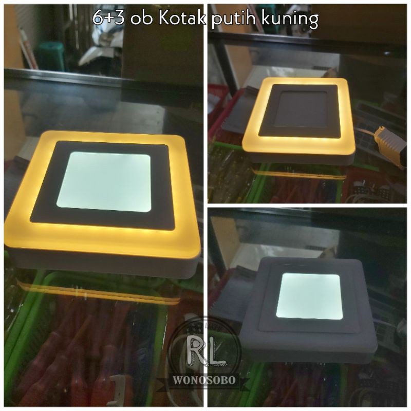 Lampu hias downlight panel 2 warna outbow 6+3 kotak putih kuning