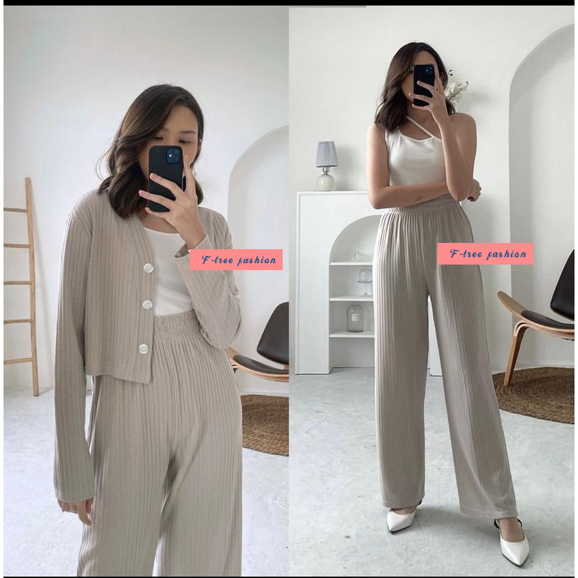 [FTREE] One Set Baju Setelan Celana Wanita Terbaru Outer Kekinian knit rib cardigan kulot