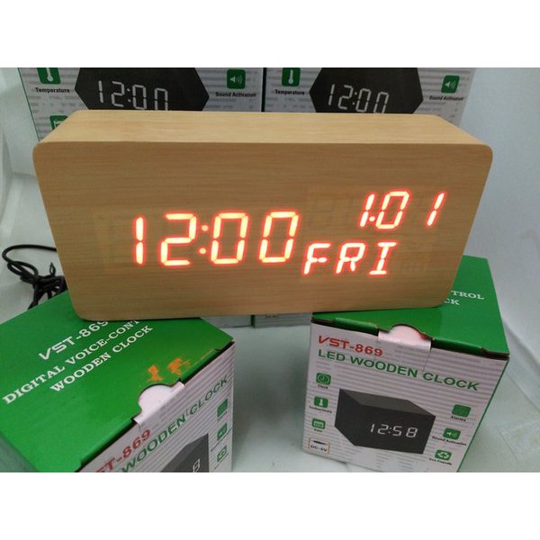 Jam Meja Digital Led Weker Digital Wood Alarm Clock 010 cream red