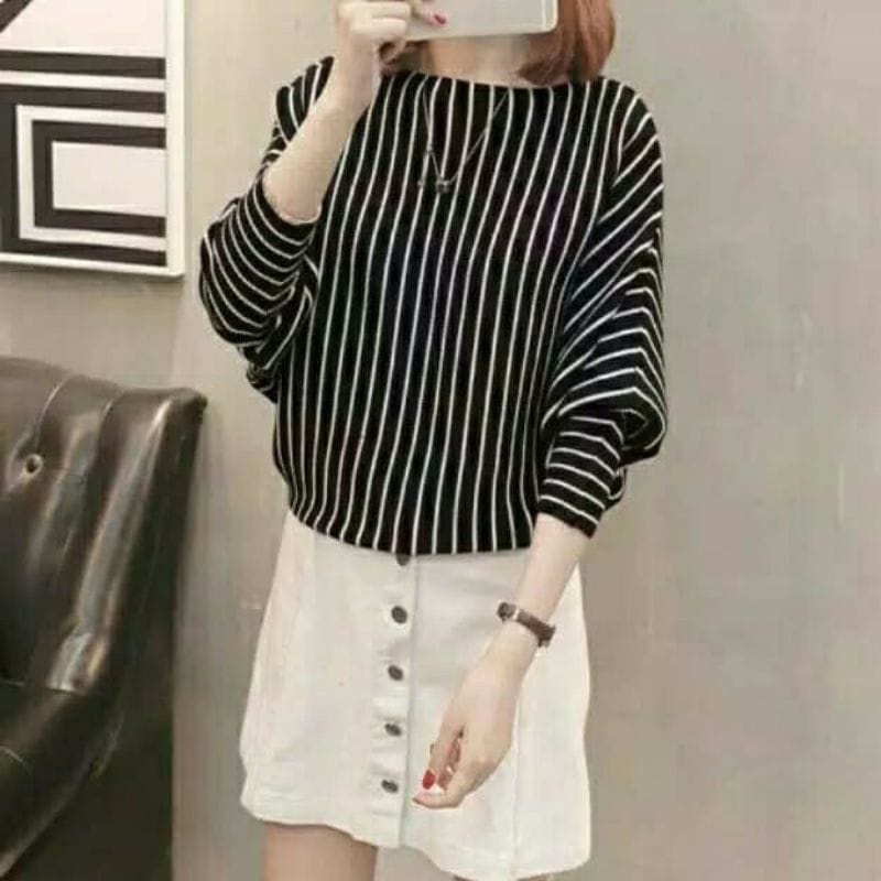 Lasperal Rajut Wanita Motif Salur Ukuran Jumbo BB 80 kg / Rajut Kalong Wanita / Rajut Korea Terlaris / Rajut Knit Murah / Atasan Rajut Wanita / Cardigan Rajut