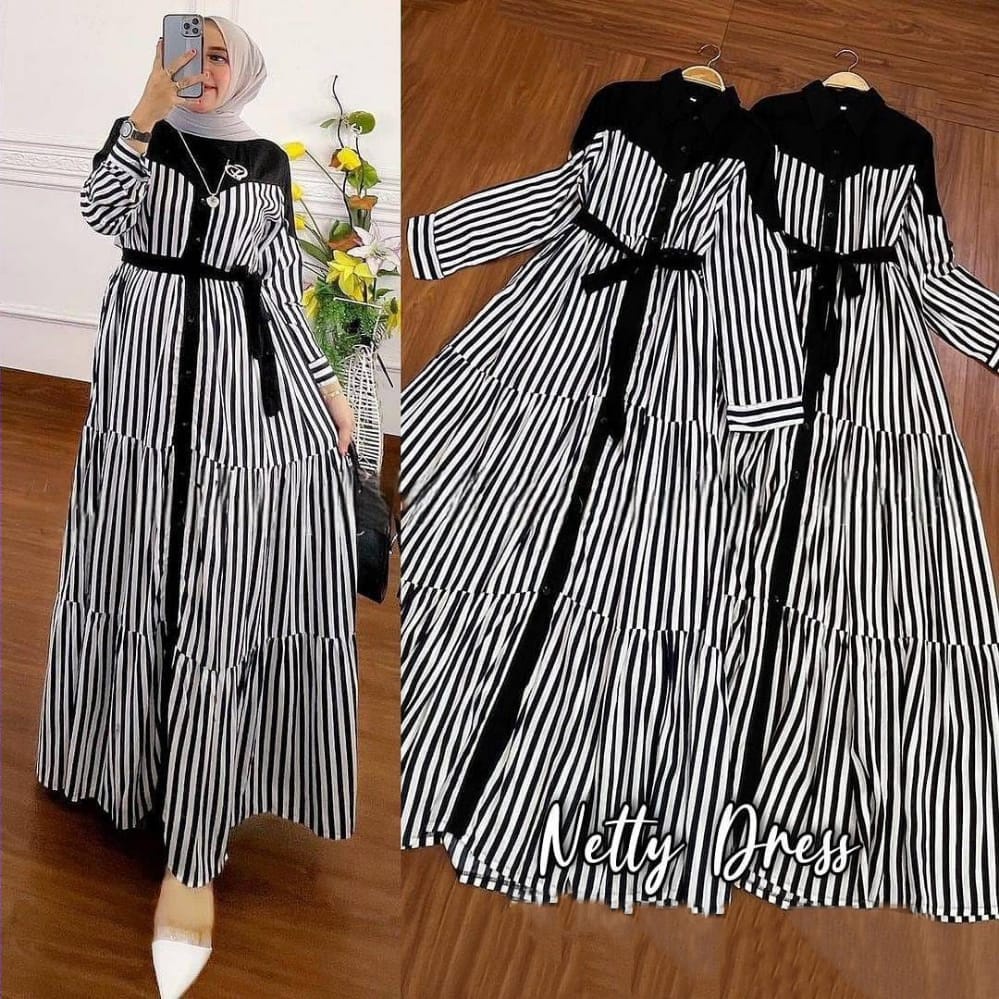 Baju Gamis M L XL Pakaian Wanita Netty Dress Busui Friendly Long Dress Muslim Ootd Kekinian Gamis Salur Panjang