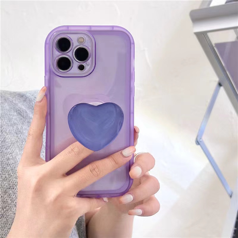 Japan Jelly Korea Pink Love Heart Stand Holder Soft Transparent Case For iPhone X XR XS 11 12 13 Pro Max 7/8 SE2020 7 Plus/8 Plus Back Protective Cover