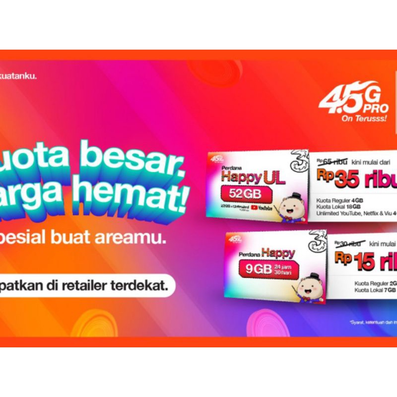 Promo Kartu Perdana Tri 9gb dan 52gb