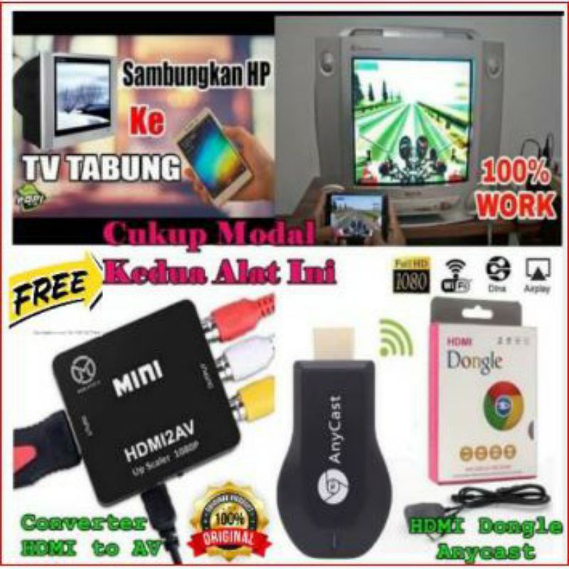 paket Alat Penghubung Hp ke Tv Tabung Anycast HDMI to Kabel RCA Paket Penyambung Hp ke Tv Tabung