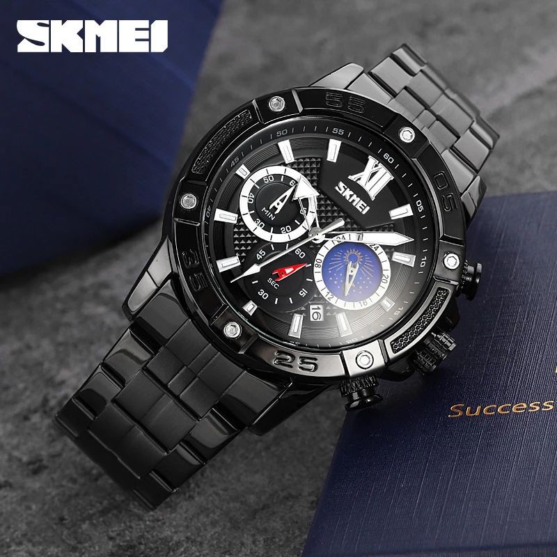 SKMEI 9235 Jam Tangan Pria Analog Chronograph Casual Quartz Tali Stainless WATCHKITE WKOS